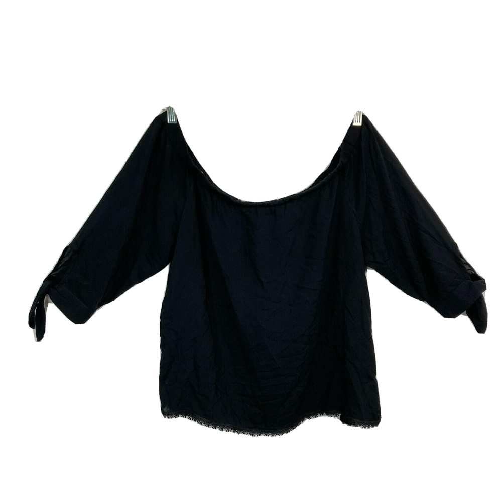Buffalo Shirt Womens Sz XL Black Peasant Tie Sleeve Lace Trip Popover Crop Top‎